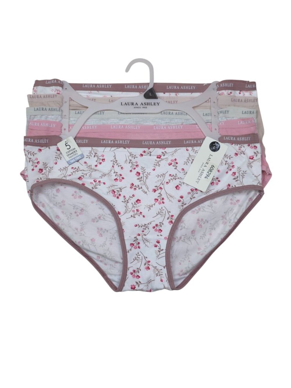 Laura Ashley Large 5-Pack Cotton Spandex Panties Tag-Free Size L Pink Gray